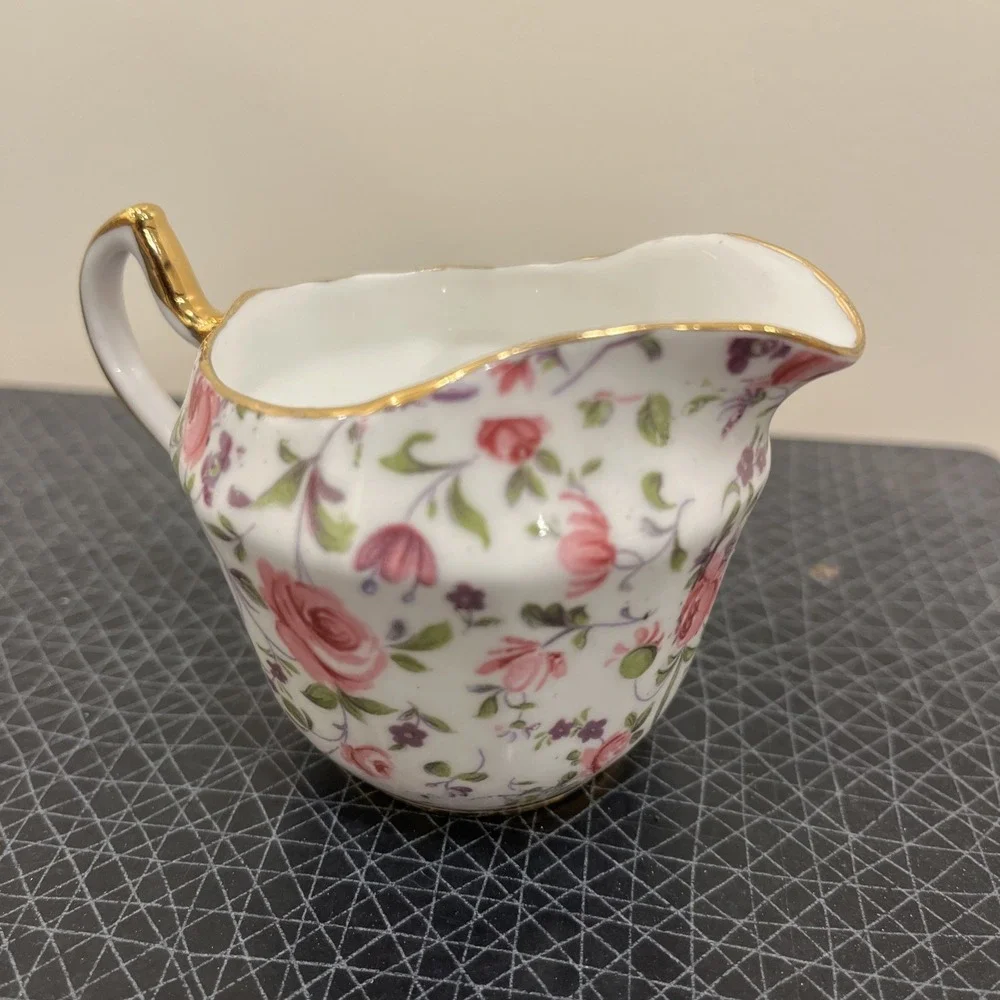 Clarence Bone China Pink Floral Chintz Milk Pitcher, Petite, Gold Trim Handle